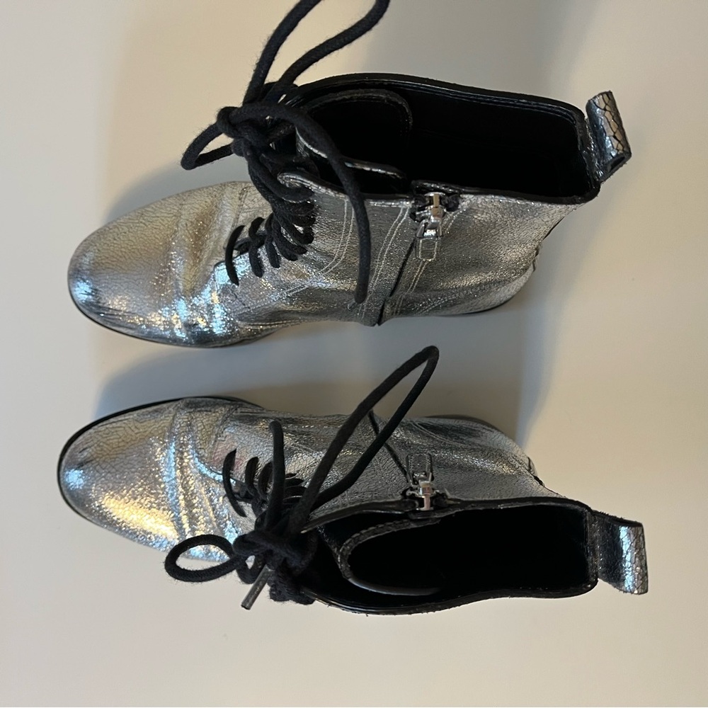 Michael Kors Collection Gita Crackled Silver Metallic Leather Combat Booties - Picture 3 of 13